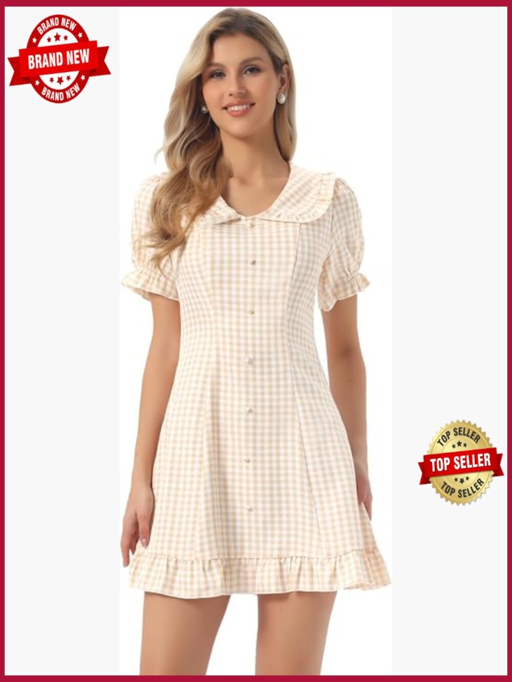 Gingham Puff Sleeve Peter Pan Collar Mini Dress